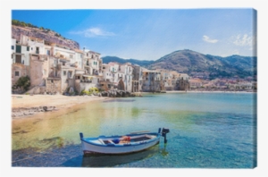 Old Harbor With Wooden Fishing Boat In Cefalu, Sicily
