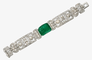 Platinum, One Carved Emerald , Natural Pearls, Diamonds