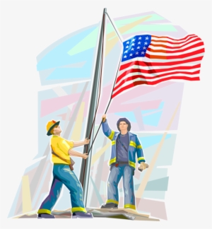 Vector Illustration Of Firefighters Raise American - September 11 Attacks