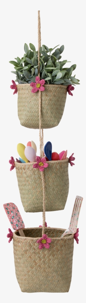 Seagrass Hanging Storage Baskets With Pink Crochet - Basket