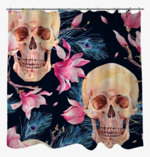 Watercolor Seamless Pattern With Skull And Magnolia