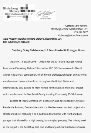 Domain Memorial Project Given 2018 Gold Nugget Award - Domain Memorial Apartments