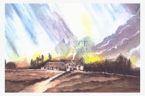 Barn House Chimney Smoke Rainy Clouds Trees Watercolour - Painting