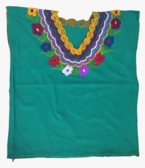 Green Mexican Blouse With Flowers - Silk