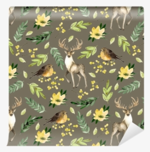 Seamless Brown Pattern With Deer And Birds - Reindeer