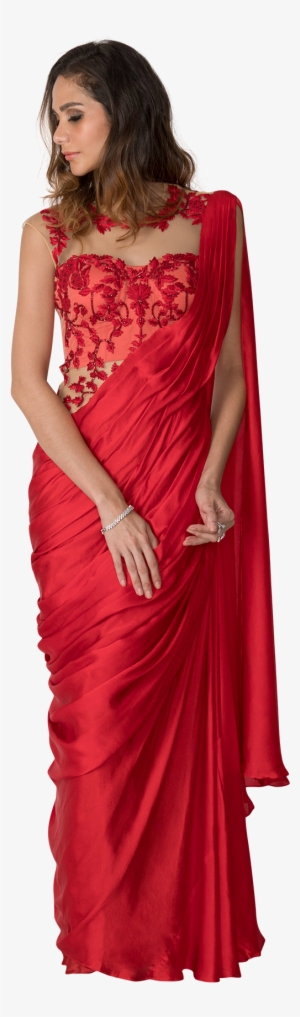 Red Embroidered Saree Gown - Red Gown Saree
