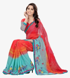 Sharda Sarees Blue And Red Designer Embroidered Saree - Saree Model Png