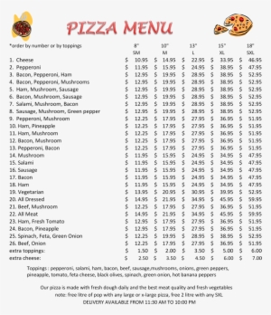 Appetizers, Salads, Pizza Subs, Pasta Dishes, Burgers - Pizza Menu Png