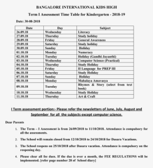 Term I Assessment Time Table Kindergarten 2018-19 - Kindergarten