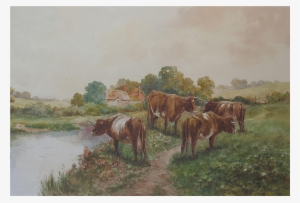 F Parr English Cows Cattle By A Cornish River Watercolour - Painting