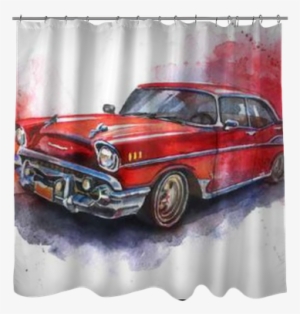 Watercolor Hand Drawn Old Fashioned Red Car Shower - Watercolor Painting