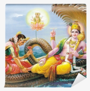 Indian God Bhagwan Vishnu With Laxmi Mata Wall Mural - Goddess Laxmi Massaging Lord Vishnu's Feet