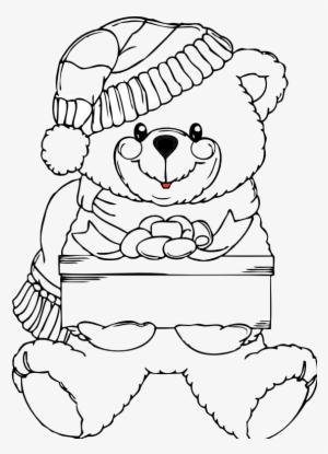 Christmas Bear Wih Present Black White Line Art Xmas - Christmas Teddy Coloring Pages