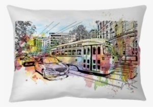 Watercolor Splash With Sketch Of Trolley Car Moves - San Francisco