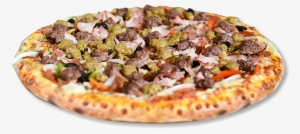 Green & Black Olives, Bacon, Hot Peppers, Chicken, - Ham Corn Funghi Pizza
