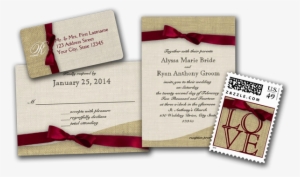 Cranberry Ribbon And Burlap Wedding Invitations - Wedding Card Cranberry Red