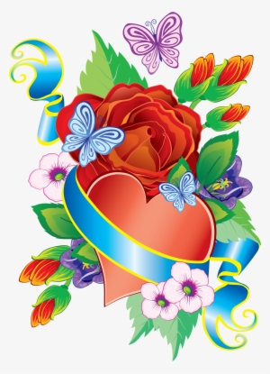 Heart And Flowers Png Decorative Element - Hearts And Flowers Clipart
