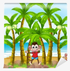 Monkeys At The Beach With Coconut Trees Wall Mural - Coconut Tree Background Cartoon