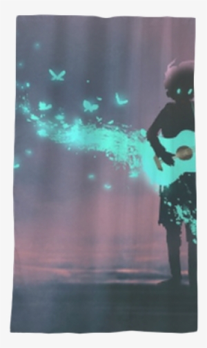 Girl Playing Guitar With A Blue Light And Glowing Butterflies,illustration