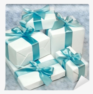 Cute White Gift Boxes With Blue Ribbon Wall Mural • - Ribbon