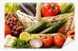Fruits And Vegetables In Wicker Basket Wall Mural • - Vegetable