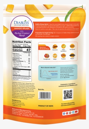 Diabliss Mango Splash Nutrition Label - Nutrition Facts Label