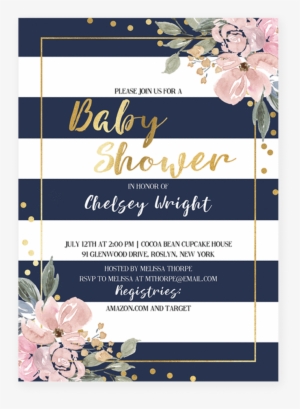 Pink, Gold And Navy Baby Shower Invitation With Florals, - Navy Blue Pink And Gold