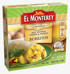 Egg, Pork Sausage, Cheese & Potato Frozen Burritos - El Monterey Breakfast Wraps