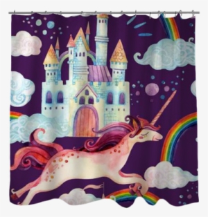 Watercolor Unicorn And Castle Seamless Pattern Shower - Watercolor Painting