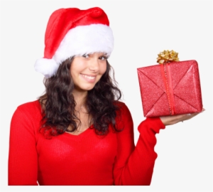Smiling Woman In Red Santa Claus Hat With Gift Box - Santa Claus Woman Png