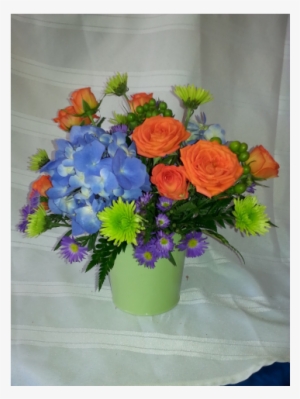 Green Tin Bucket Filled With Bright Summer Flowers - Bouquet