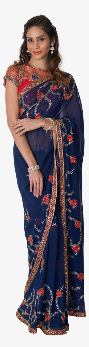 Royal Blue Saree With Red Flowers - Blue
