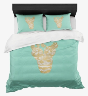 Mint Trio Of Succulents In Gold Bed In A Box Duvet - Duvet Cover