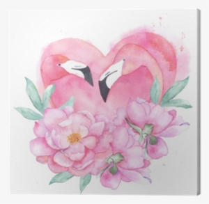 Watercolor Pink Flamingo Couple With Bouquet Peony - Canvas