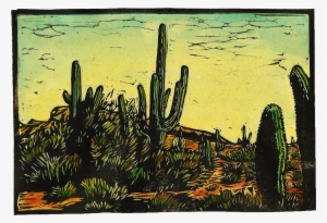 Tucson Arizona Hand Colored Linocut Size Of Paper - Hedgehog Cactus