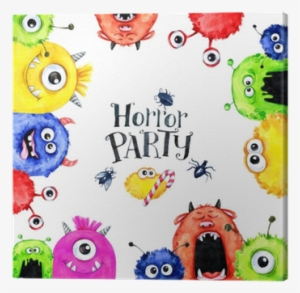 Hand Drawn Square Frame With Watercolor Funny Monster - Watercolor Horror Party