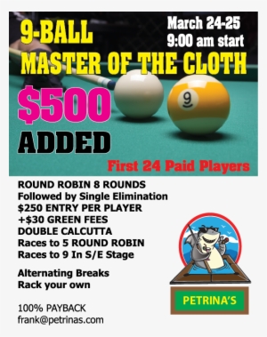 Master Of The Cloth 9 Ball March 24 - Pool Tournament