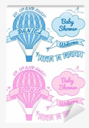 New Baby Boy And Girl With Hot Air Balloon, Vector - Boy