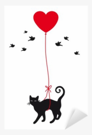 Cat Flying With Red Heart Balloon And Birds Framed