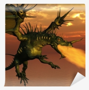3d Render Of A Fire-breathing Dragon Flying At Sunset - Dragon