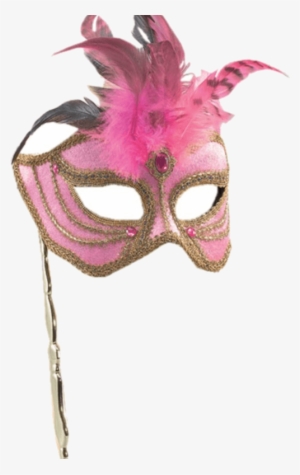 Gold Masquerade Gold Masquerade Mask Png - Pink And Gold Feather Masked Ball Eye Mask On Stick