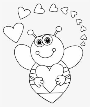 Black And White Cartoon Bee With Valentine's Day Hearts - Valentine's Day Clip Art Black And White