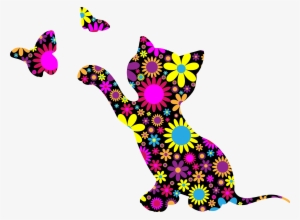 Floral Clipart Cat - Butterflies & Kittens