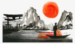 Japan Japanese Montain Boat Man Moon Ftestickers Sushi - Japanese Watercolor Painting
