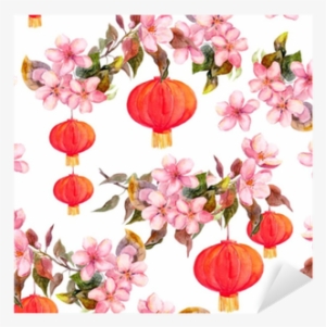 Traditional Red Chinese Lantern In Spring Pink Flowers - Ubrousky 3-vrstvé, 33 X 33 Cm S Motivem [20 Ks]