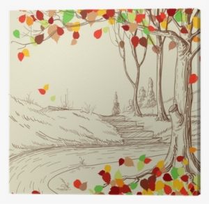 Autumn Tree In The Park Sketch, Bright Leaves Falling - Drawing Scenes From Nature Activity Book