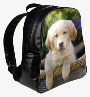 Cute Young Golden Retriever Dog Goldie Puppy Portrait - Tardis Police Box Open Multi Pocket Backpack Bag School