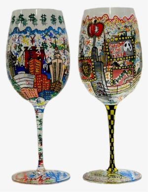 Financial Broadway Wine Glasses Fazzino - New York City Wine Glasses