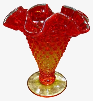 Small Vintage Glass Amberina Hobnail Vase Crimped Edge - Vase