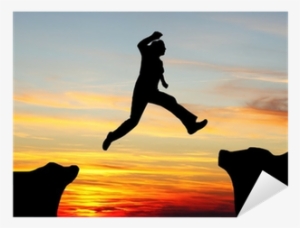 Silhouette Of Hiking Man Jumping Over The Mountains - Person Jumping On Mountain